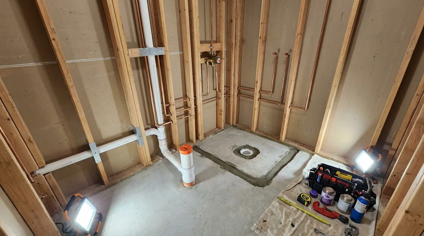 Bathroom rough-in plumbing during remodel by Johns Plumbing LLC in Westborough