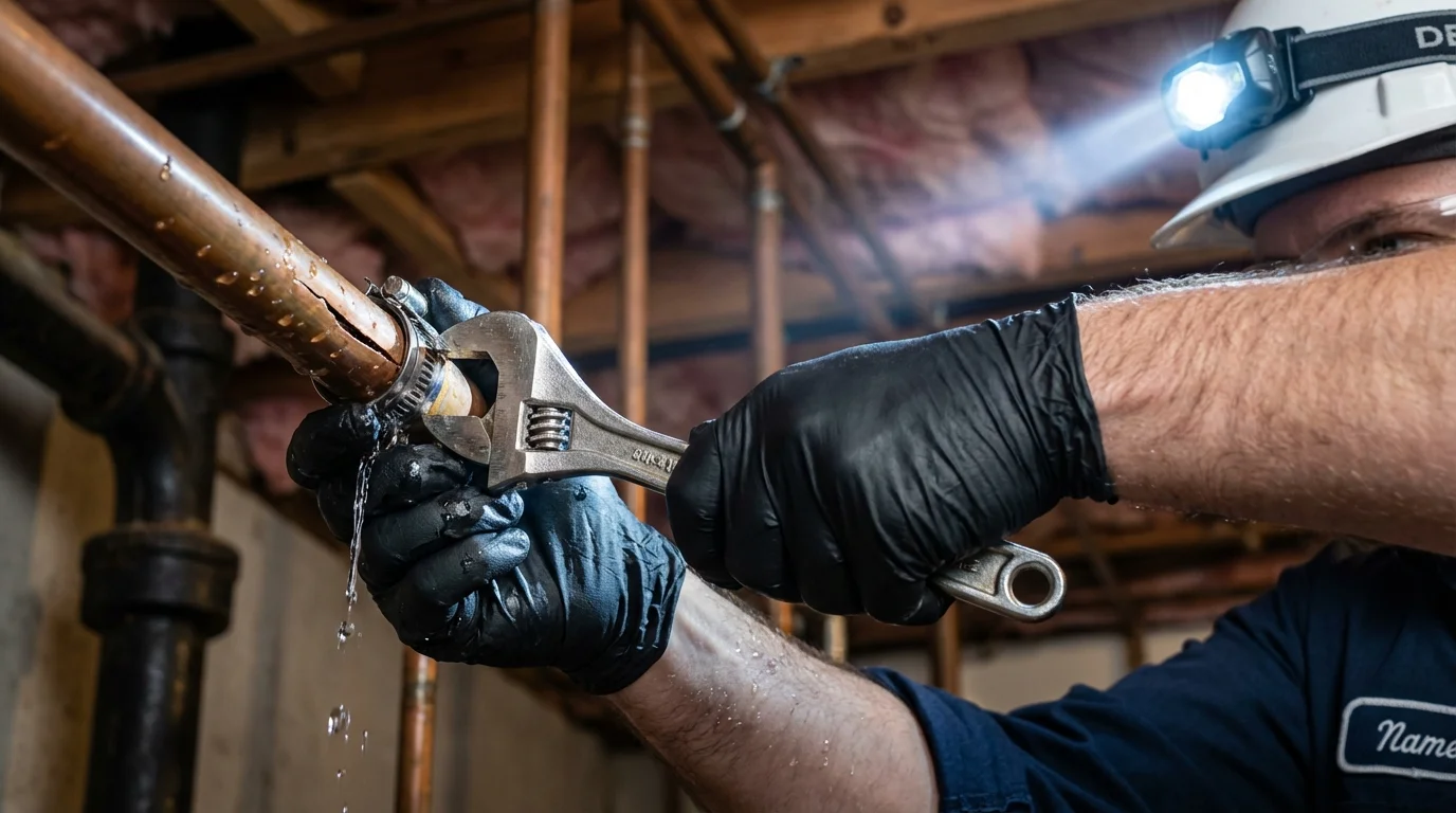 Emergency pipe clamp repair being performed by a Johns Plumbing LLC plumber in Westborough