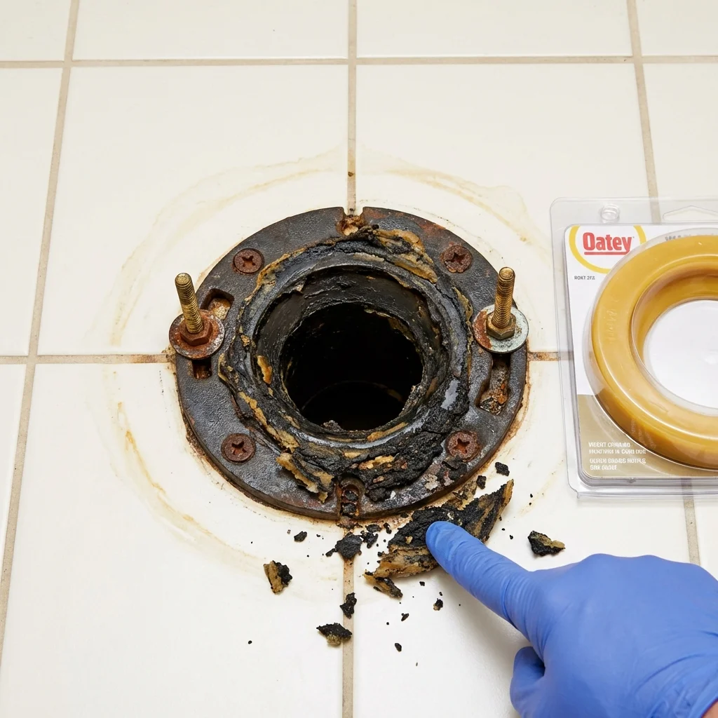 Failed wax ring showing water seepage at the base of a toilet in a Westborough, MA home