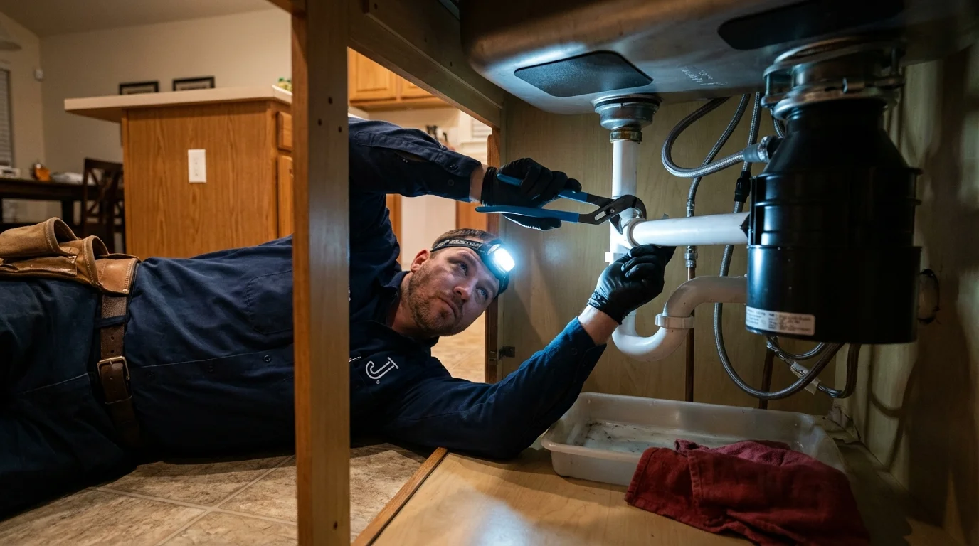 P-trap and supply line connections under a kitchen sink showing a common leak point in Westborough, MA